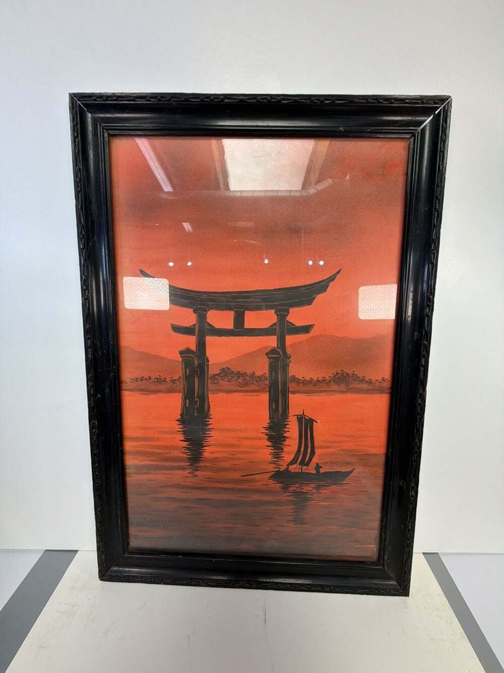 K. Hayashi Original Watercolor Painting of Japanese Miyajima Torii Gate at Sunse